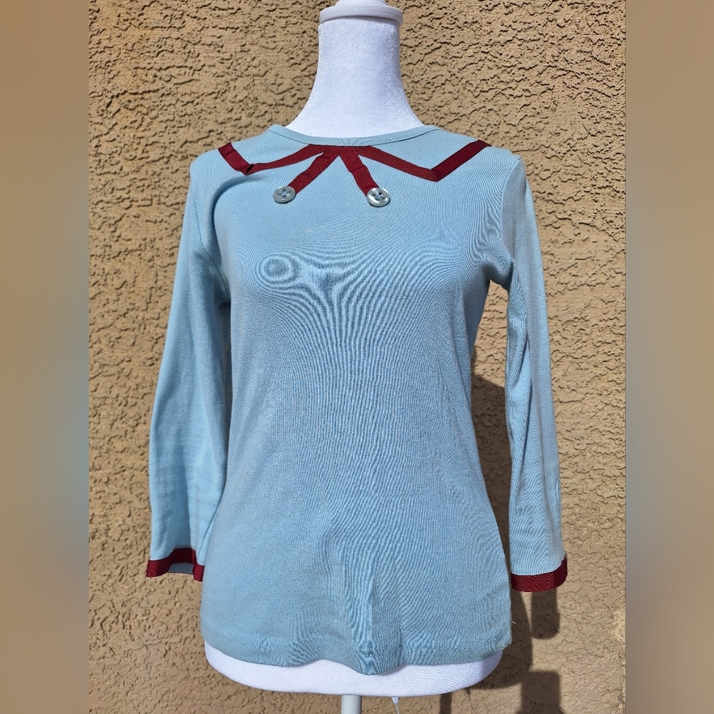 Vintage Anthropologie Y2k Sky Blue Long Sleeve Top with Cranberry Trim Details